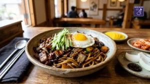 Bol de Jajangmyeon traditionnel avec nouilles, sauce au soja noir, concombre et œuf coulant