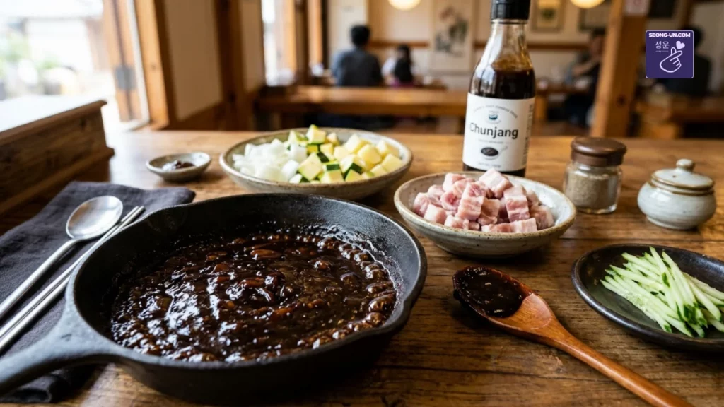 Ingrédients et préparation de la sauce Jajang avec la pâte de soja noir Chunjang dans une poêle