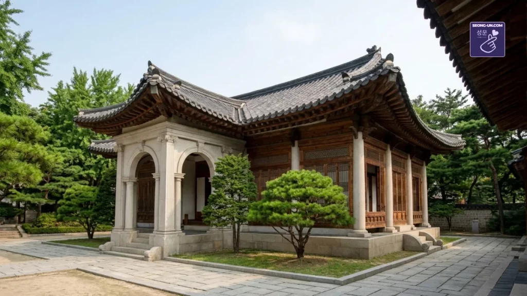 Le pavillon royal Jeonggwanheon dans le palais Deoksugung à Séoul, bâtiment historique mêlant architecture coréenne traditionnelle en bois et colonnes occidentales