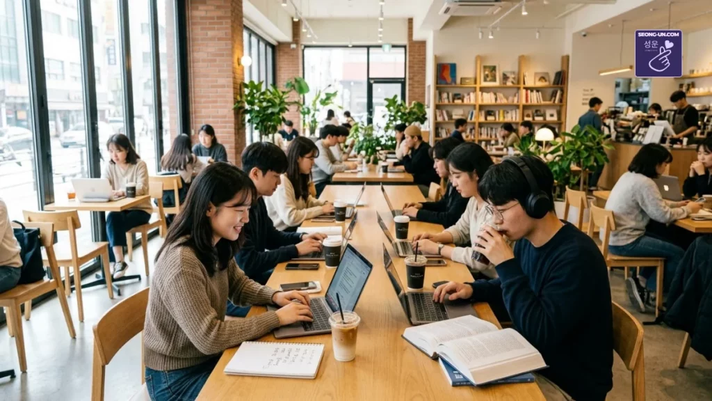 Jeunes Coréens étudiant et travaillant sur ordinateur portable autour d'une grande table en bois dans un café lumineux à Séoul