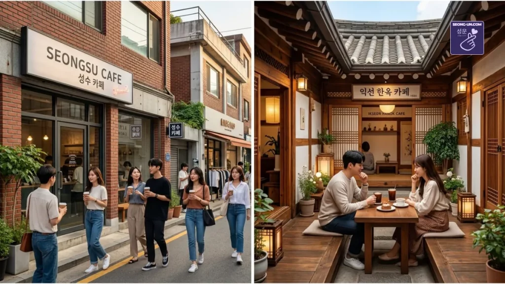 Comparaison visuelle entre la devanture moderne industrielle d'un café à Seongsu-dong et la cour intérieure traditionnelle d'un Hanok café à Ikseon-dong à Séoul
