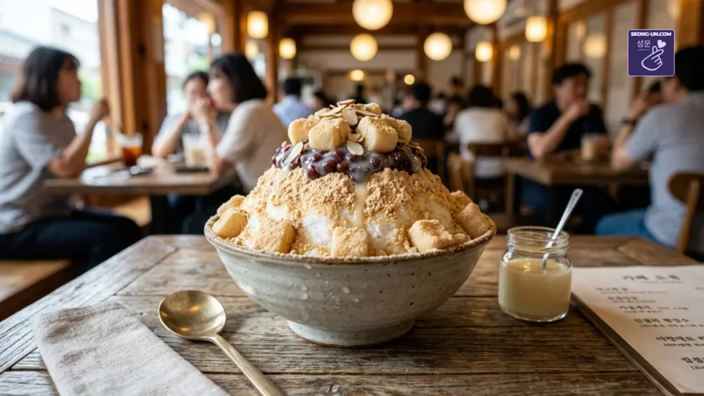 Un bol généreux de Patbingsu avec glace pilée, haricots rouges, tteok et poudre d'Injeolmi posé sur une table en bois dans un café traditionnel à Séoul
