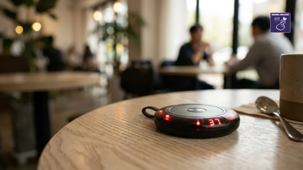 Gros plan sur un boîtier vibreur sans fil noir avec affichage LED rouge et voyants lumineux, posé sur une table en bois dans un café à Séoul.