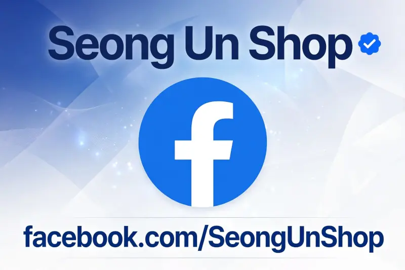 Logo Facebook bleu, texte Seong Un Shop en grand avec badge vérifié bleu, et lien facebook.com/SeongUnShop