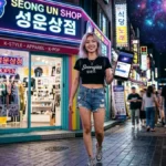 Jeune femme Seongie portant un t-shirt Seongies 성은즈 devant la boutique Seong Un Shop 성운상점 K-Style Apparel K-Pop dans une rue illuminée de Séoul la nuit, tenant un smartphone affichant le site Seong Un, sous un ciel en forme de nébuleuse galactique