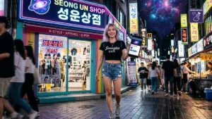 Jeune femme Seongie portant un t-shirt Seongies 성은즈 devant la boutique Seong Un Shop 성운상점 K-Style Apparel K-Pop dans une rue illuminée de Séoul la nuit, tenant un smartphone affichant le site Seong Un, sous un ciel en forme de nébuleuse galactique