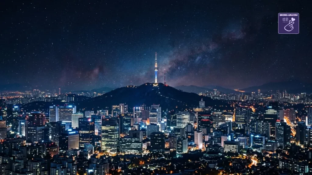 Vue nocturne panoramique de Séoul avec la N Seoul Tower sous un ciel étoilé et une nébuleuse