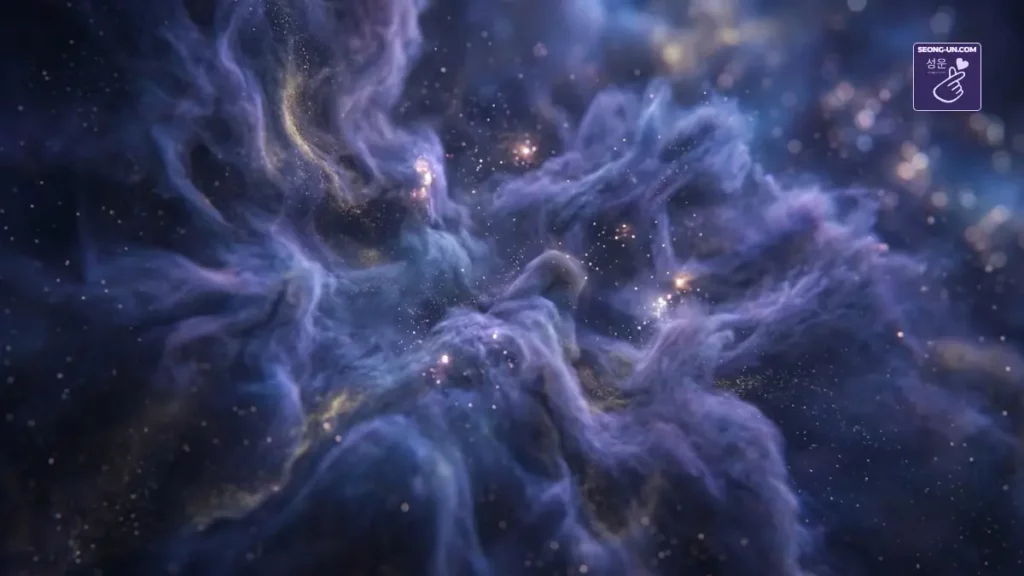 Nuage de gaz cosmique et poussières stellaires violets représentant le mot Seong Un (Nébuleuse)