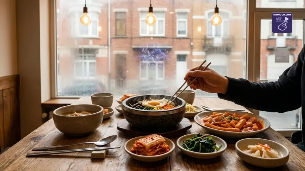Table garnie de spécialités coréennes avec un Bibimbap fumant, du Kimchi et des Tteokbokki