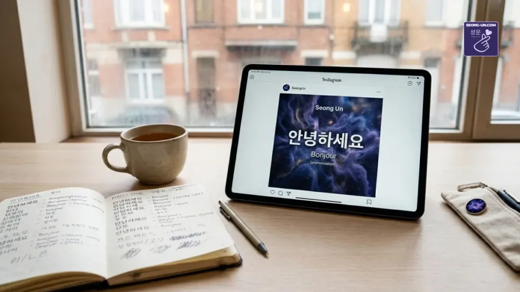 Bureau avec iPad affichant une fiche de vocabulaire coréen Instagram et un cahier de notes