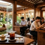 Clients dégustant un café glacé dans un café Hanok traditionnel avec jardin intérieur à Séoul