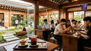 Clients dégustant un café glacé dans un café Hanok traditionnel avec jardin intérieur à Séoul