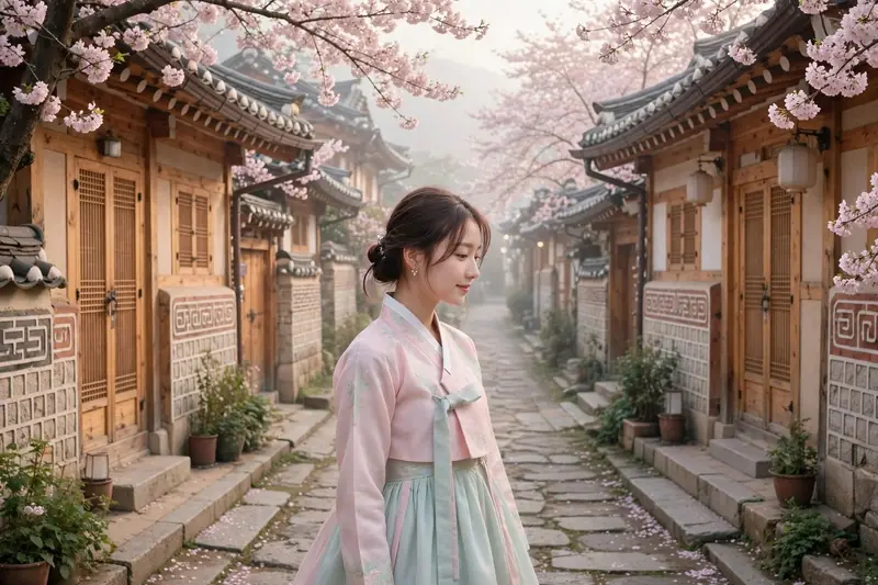 Femme en hanbok pastel rose et menthe marchant dans une ruelle de village hanok traditionnel à Séoul