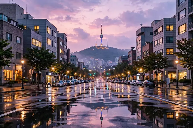 Vue urbaine de Séoul au crépuscule pastel avec la N Seoul Tower, rue mouillée et reflets lumineux