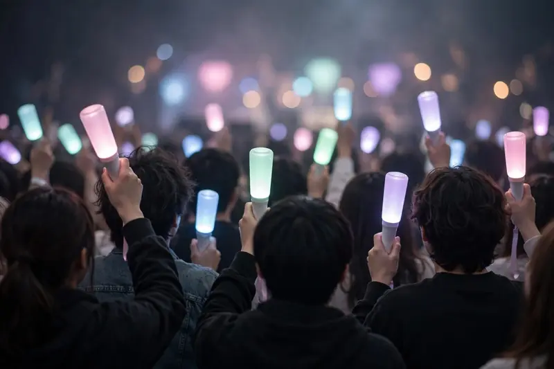 Foule de concert K-POP vue de dos tenant des lightsticks lumineux pastel rose, bleu et vert