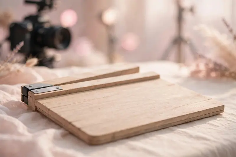 Clap de cinéma vierge en bois posé sur plateau de tournage avec éclairage pastel doux