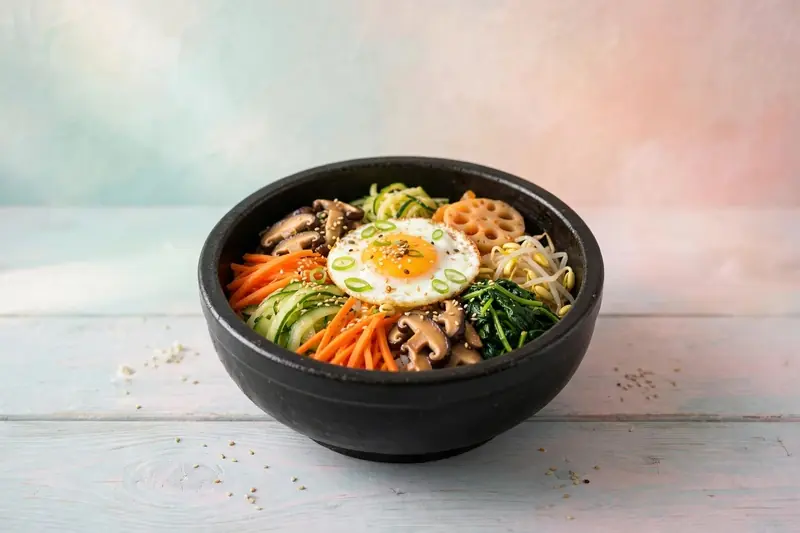 Bibimbap coréen coloré dans bol en pierre noir sur table en bois clair, lumière pastel naturelle