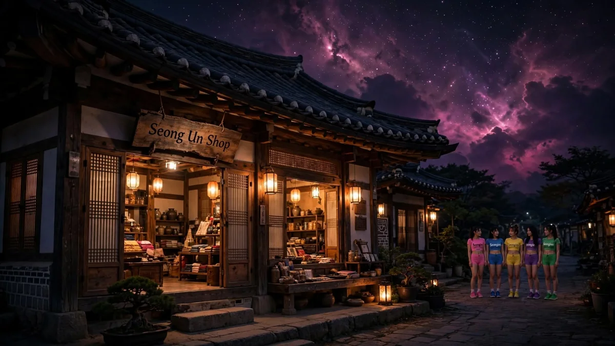 Cinq jeunes femmes coréennes mannequins K-fashion en tenue Seongies crop top colorés et mini-shorts, posant devant l'entrée de la boutique traditionnelle Seong Un Shop illuminée par des lanternes, sous un ciel nocturne avec nébuleuse violette
